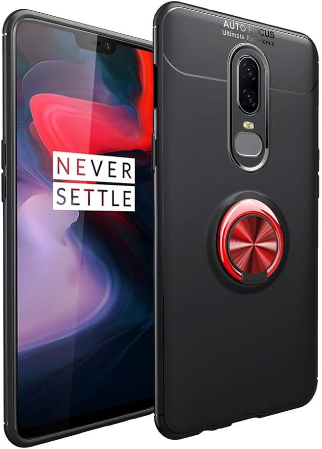 OnePlus 6T Case, HONTECH Ultra Thin Soft Silicone 360 Rotating Magnetic Car Mount Ring Holder Kickstand TPU Cover Compatible for One Plus 6T (Black-red)