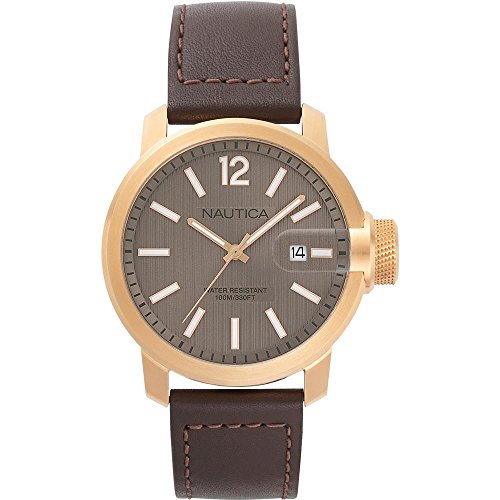 Nautica Men's 'Sydney' Quartz Stainless Steel and Leather Casual Watch, Color:Brown (Model: NAPSYD005)