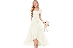wyxis Short Sleeves Junior Bridesmaid Dresses for Teen Girls Chiffon Flower Girl Dress for Wedding Party Pageant Gowns