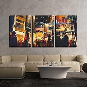 3 Piece Canvas Wall Art - Colorful of Night City,Digital Painting - Modern Home Art Stretched and Framed Ready to Hang - 16"x24"x3 Panels