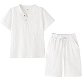 POBIDOBY Boy's T-Shirt and Shorts Set Cotton Linen Summer Short Sleeve Children Two Pieces Clothing Pants Sets