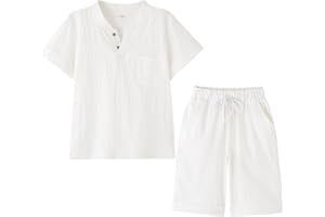 POBIDOBY Boy's T-Shirt and Shorts Set Cotton Linen Summer Short Sleeve Children Two Pieces Clothing Pants Sets