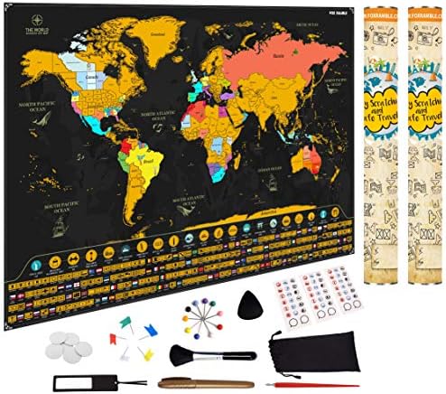 Fox Ramble 2-Pack Scratch Off World Map - Enjoy, Track and Share Your Adventures. Large Scratch Travel Poster 17x24, Printed with Flags, Landmarks and Wonders. Best Gift Idea for Travelers