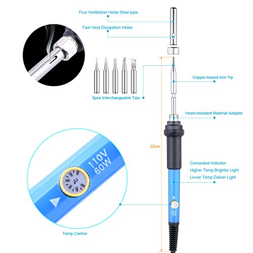 ETEPON Soldering Iron Kit 14-in-1 Electronic 60W Adjustable Temperature Welding Tool ON/OFF Switch with Desoldering Pump,2pcs Electronic Wire,5pcs Solder Iron Tips,Soldering Stand and PU Carry Bag