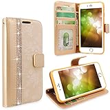 iPhone 7 Plus Case, Cellularvilla [Diamond] Embossed Flower Design Premium PU Leather Wallet Case [Card Slot] [Stand Feature] Protective Folio Flip Cover For Apple iPhone 7 Plus (Golden Bling)