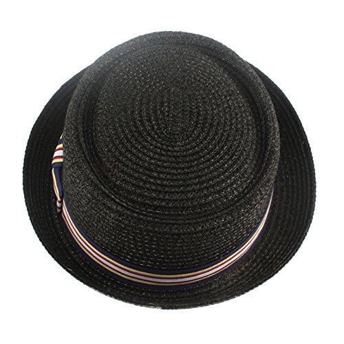 Men's Fancy Summer Straw Pork Pie Derby Fedora Upturn Brim Hat Black 56cm S/M