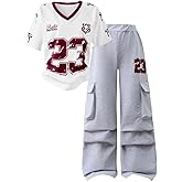 Afsmlys Tween Girls Clothes Short Sleeve Graphic T-Shirt Top + Cargo Pants 2pcs Outfit Set, Size 7-15Years