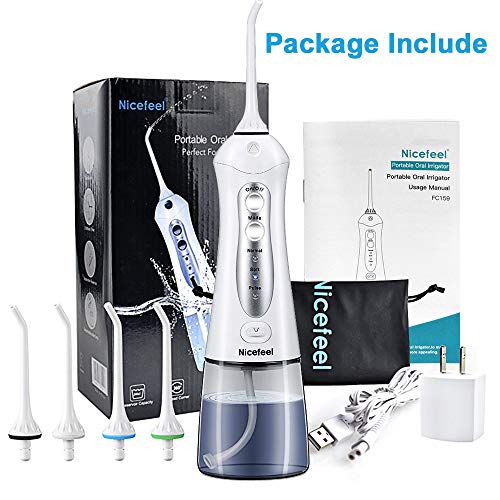 Cordless Water Flosser Teeth Cleaner, Nicefeel 300ML USB Rechargable 3-Mode Portable Oral Irrigator for Travel, IPX7 Waterproof Dental Water Flosser with 4 Jet Tips for Family - Thumbnail 6