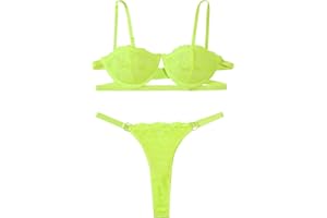 Lilosy Women Sexy Strappy Push Up Garter Belt Lingerie Set Floral Lace Sheer 3 Piece