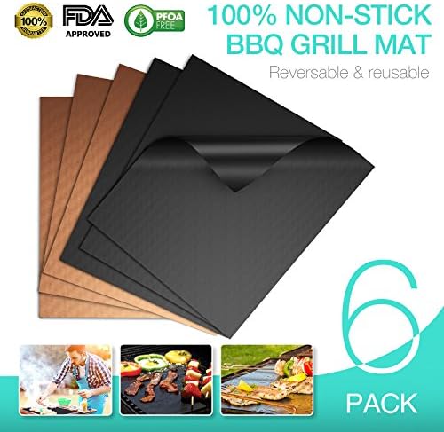 100% Non-stick BBQ Grill Mats, Set of 6 (3 Black/3 Gold), JVICE FDA-Approved, PFOA Free, Reusable & Easy Cleaning, 15.75 x 13 Inch