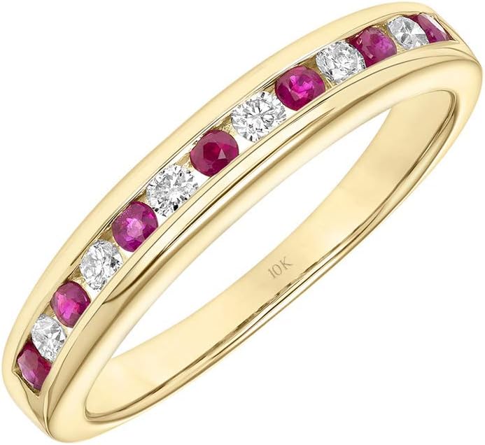 10K Yellow Gold Conflict Free Diamond and Ruby Channel Set July Birthstone Stackable Band, Diamond 1/6 Cttw (I-J Color, I2-I3 Clarity); Ruby 1/3 Cttw