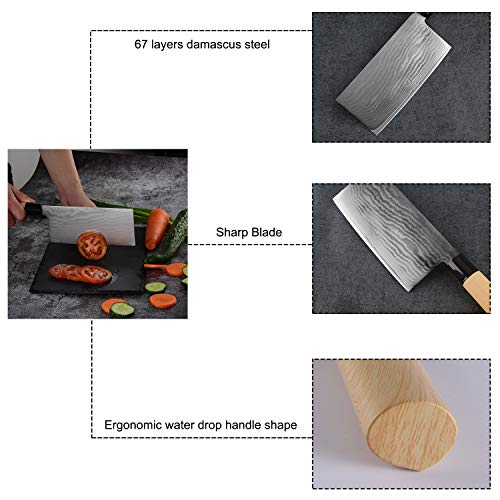 NASATER Chinese Cleaver 9CR 67 Layers Damascus Steel 7 Inch Meat Vegetable Chopper Butcher Knife with Ergonomic Wood Handle for Kitchen