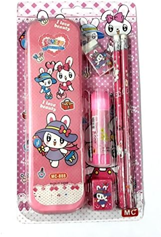Plutofit Pencil Box Set with 2 Pencils, 1 Eraser, 1 Sharpener, 1 Glue Stick, 1 Pencil Box (Pink)