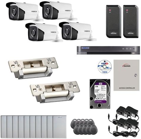 Visionis and Vezco FPC-6973 Professional Integration Security 4 Bullet Cameras DVR with 2TB HD Included, 2 Door Access Control 10,000 User Electric Strike Exit Button Kit