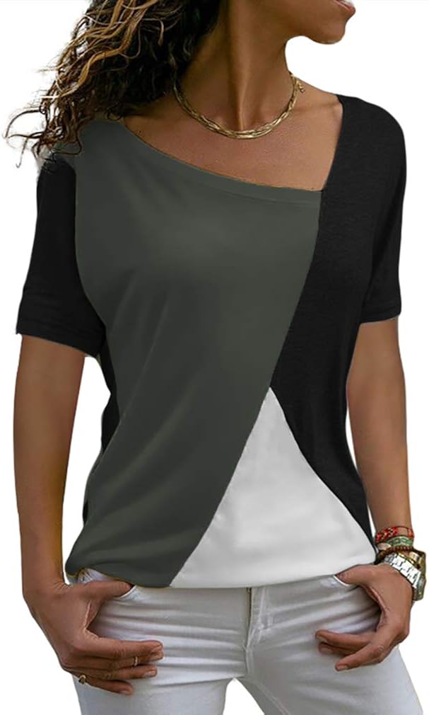 Sarin Mathews Womens Shirts Casual Tee Shirts Short Sleeve Patchwork Color Block Loose Fits Tunic Tops Blouses