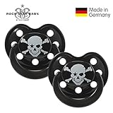 Rock Star Baby by Tico Torres - Silicone Orthodontic Baby Pacifier - Size 2 for 6-18 Months - 2 Pack - Soother with Travel Cover - Pirate, Black