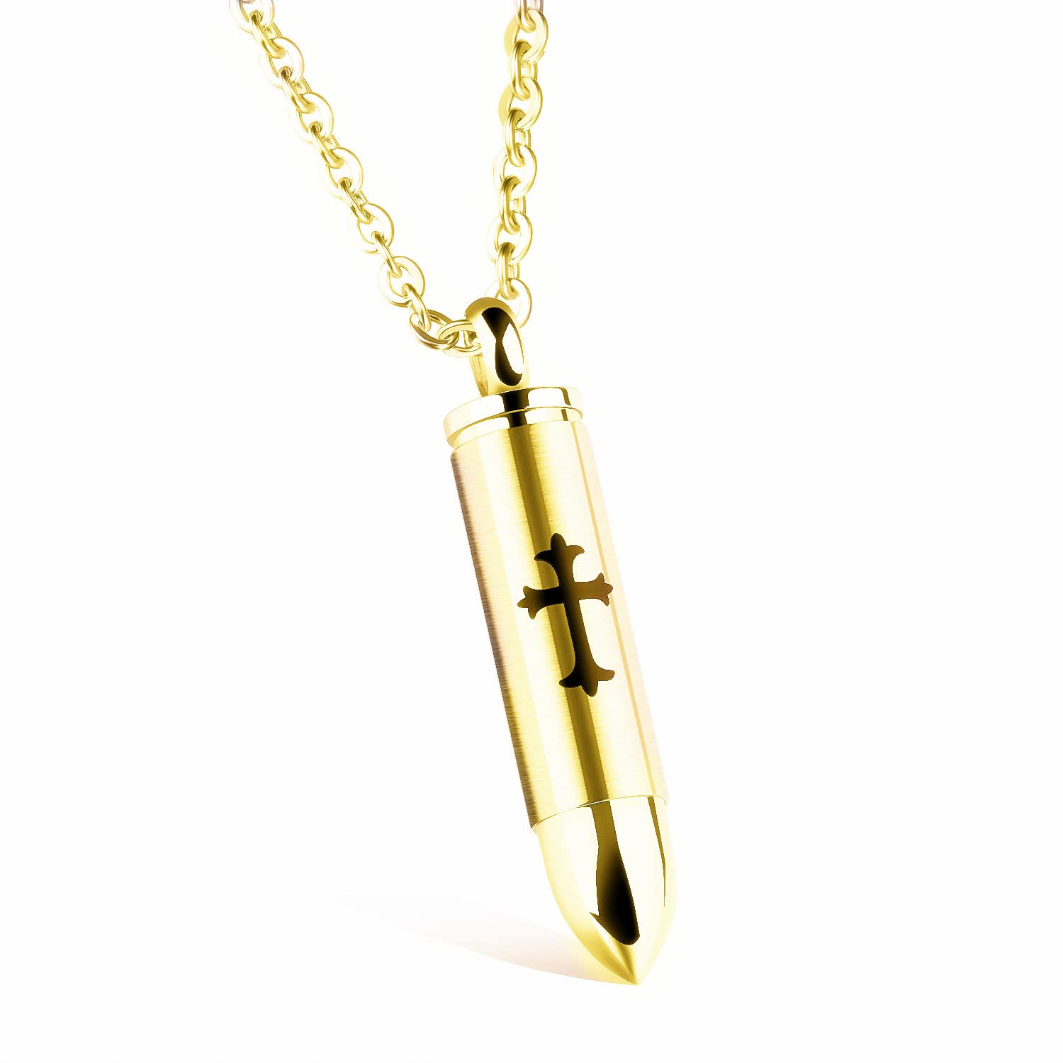 LAFATINA Men's Womens Stainless Steel Cross Bullet Prayer Cremation Urn Ashes Carrier Capsule Religious Memorial Container Pendant Necklace