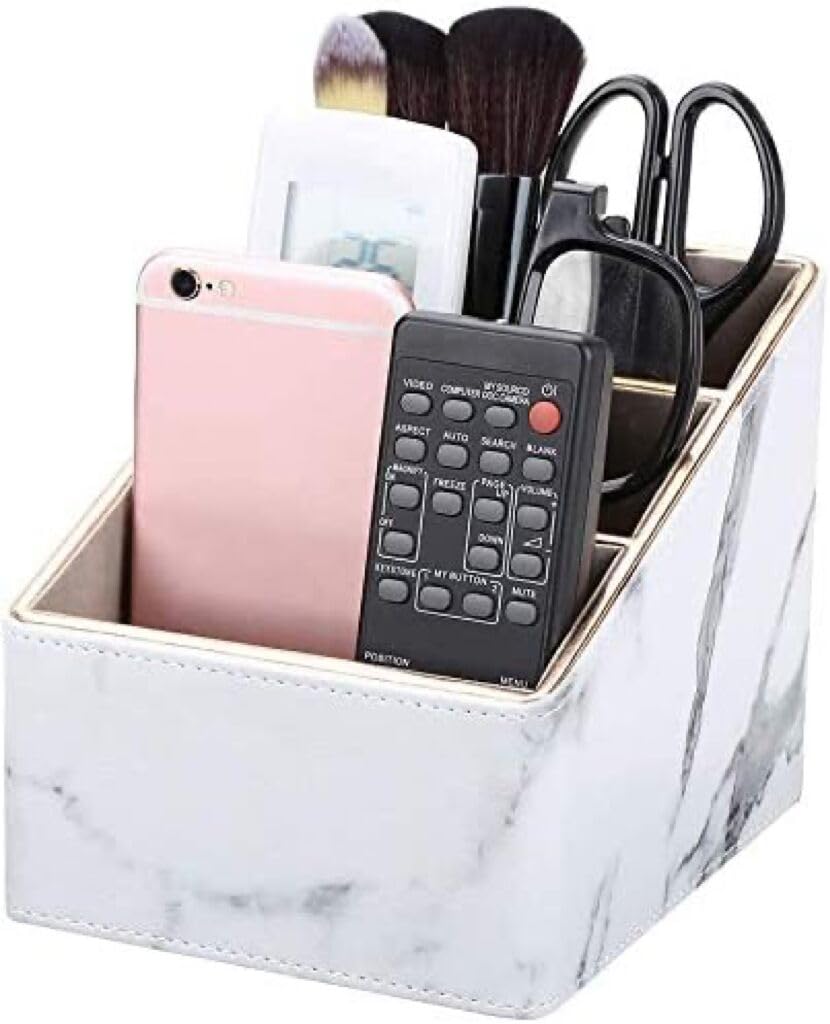 GORESE Remote Control Holder with 3 Compartments, PU Leather TV Remote Organizer Leatherette Desk Organizer for TV Remote, DVD, Blue-Ray, Controllers, Remote control box (3 Slot) (A White Marble)
