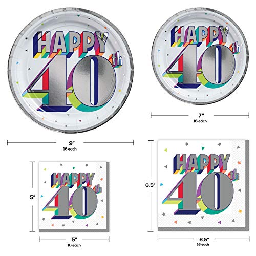 40th-Birthday-Anniversary-Party-Supplies-White-and-Silver-Design-for-Men-or-Women-16-Guests-65-Pieces-Disposable-Paper-Dinnerware-Plate-and-Napkin-Set
