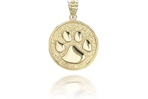 CLADDAGH GOLD Solid 10K Yellow Gold Puppy Dog Cat Pet Paw Print Round Coin Medal Pendant Necklace - Choice of Pendant Only or Necklace Length
