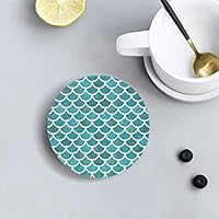 JECIA HOLDER Blue Mermaid Scales Absorbent Stone Coasters for Drinks 4 Inch Round Coaster with Non-Slip Cork Backing