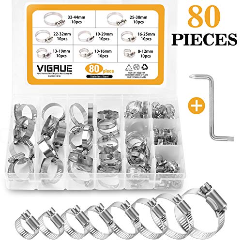 VIGRUE Hose Clamps Assortment 100% 304 Stainless Steel Adjustable Worm Gear Hose Clamps 80pieces with Wrench, Fuel Line Clamp for Plumbing Automotive and Mechanical Applications (8-44mm Range)