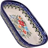 Polish Pottery Ceramika Boleslawiec,  0726/238, Butter Platter, 6 Long by 4 1/2 Inches Wide - 2 Cubes, Royal Blue Patterns with Red Cornflower and Blue Butterflies Motif