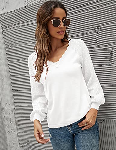 IECCP Women\'s V Neck Balloon Long Sleeve Knit Pullover Lace Patchwork Comfy Knit Blouse Sweater Tops Loose T Shirts