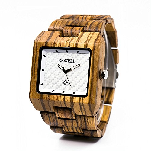 Bewell Rectangle Wood Watches for Men Analog Quartz White Dial Brown Zebra Wooden Strap Wristwatch W016A