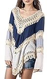 POSESHE Women's V-Neck Long Sleeve Knit Splice Irregular Hem Blouse Tops