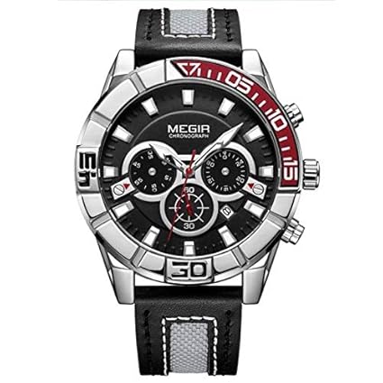 Gmarks Megir Elegant Design Analog Chronograph Sports Series Genuine Leather Strap Watch -2066