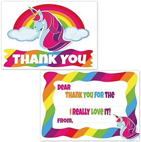 Unicorn Birthday Party Thank You Cards for Girls - Easy Fill in the Blank Thank You Notes for Kids - Unicorn Party Supplies (20 Count with Envelopes)