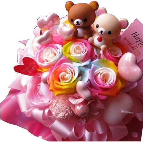 Amazon 誕生日プレゼント 彼女 リラックマ入り 花束風 コリラックマ フラワーギフト レインボーローズ プリザーブドフラワー入りギフト ケース付き 2個入り プリザーブドフラワー オンライン通販