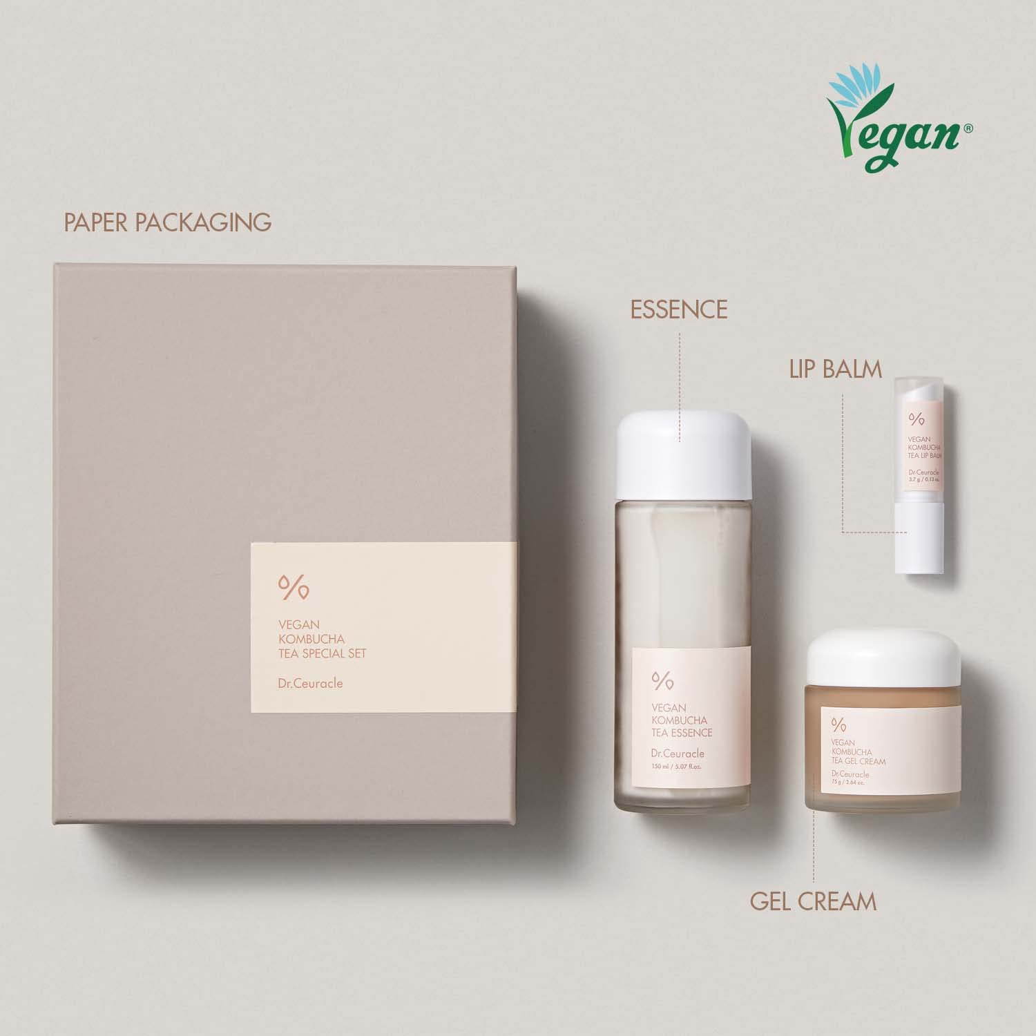 Dr.Ceuracle Vegan Kombucha Tea Special Set - Korean Skincare Set, Hydrating and Nourishing Gift Set included Essence, Gel Cream, Lip Balm