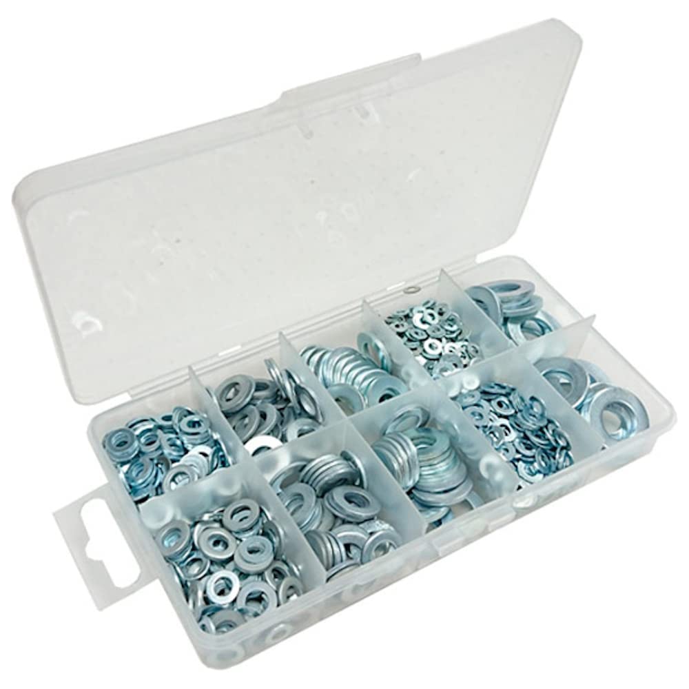 Merriway BH06559 (700 Pcs) Assortment of BZP Flat Steel Washers in a 10 Compartment Carry Case - Pack of 700 Pieces