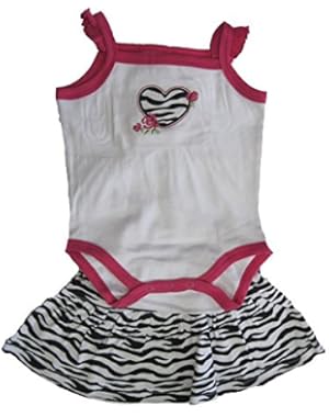 Baby Girls White Fuchsia Zebra Pattern Heart Onesie Skirt Set 3-9M