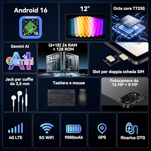 2026 Android Tablet 16, 12 Inch Tablet with Keyboard, 4G LTE+5G WiFi,24GB RAM+128GB ROM, Octa-Core Tablets with Pen/Mouse for Work and Study, 9000mAh,WideVine L1/Gemini AI/GPS/Face ID, 4 Year Warranty