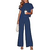 Dressmine Pants Sets Women 2 Piece Outfits Summer Mock Neck Knit Travel Lounge Set Dressy Airplane Travel Clothes