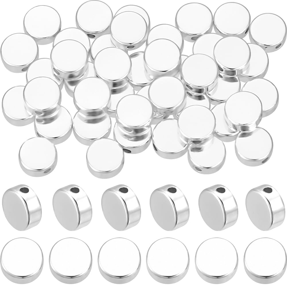 Beebeecraft 1 Box 50Pcs 925 Sterling Silver Plated Brass Coin Beads Flat Round Spacer Beads 6x3mm Tiny Coin Disc Loose Beads for Bracelet Necklace Jewelry Making Hole: 1.2mm