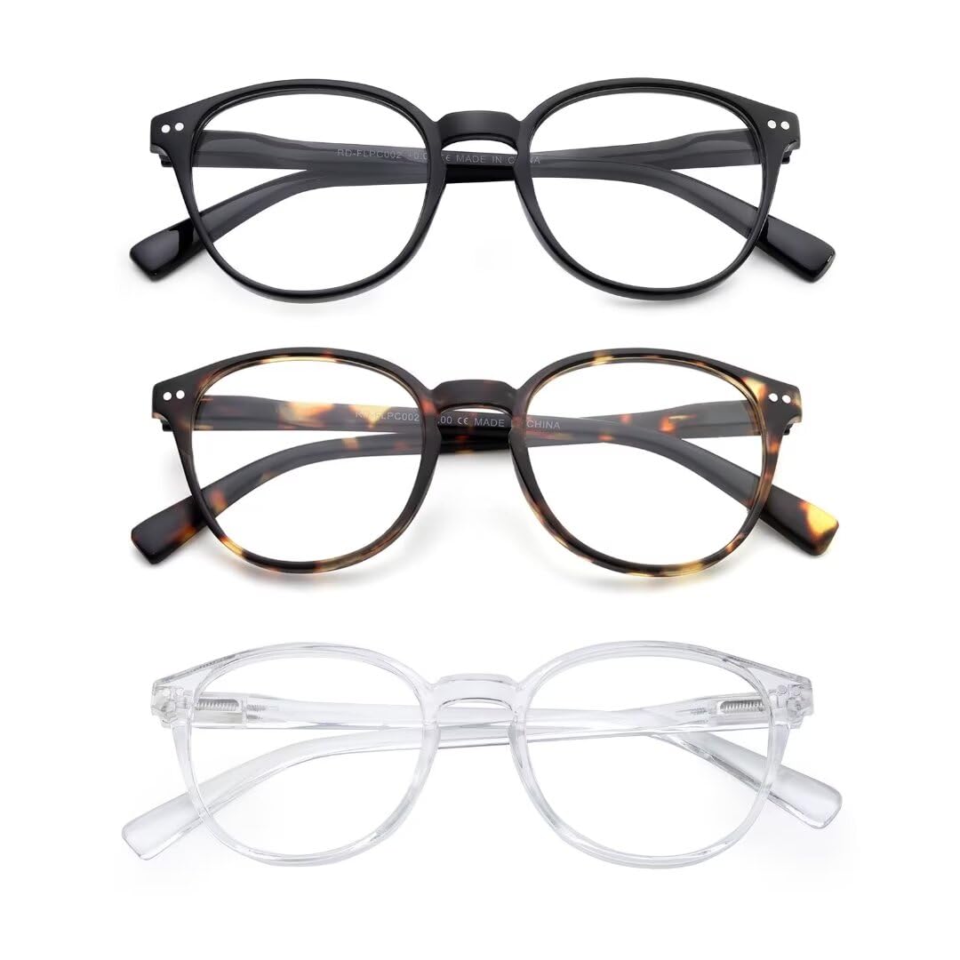 OuShiun Reading Glasses Blue Light Blocking, Spring Hinges Round Readers Glasses for Men Women Lightweight Frame/Anti Glare/Anti Eyestrain/UV protection (Black/Tortoise/Clear, 3.0)