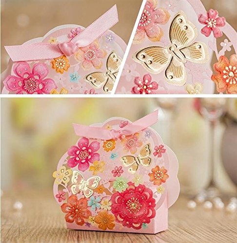 Finex® 100 pcs Premium Korean Wedding Design *Butterfly Couple Flying on Flowers* Party Favors Candy Boxes with Pre-cut Ribbons *Hollow Carved Laser Die Cut Gold Foil Embossing* DIY Chocolate box