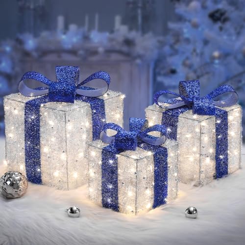 Blue Christmas Lighted Gift Boxes Set of