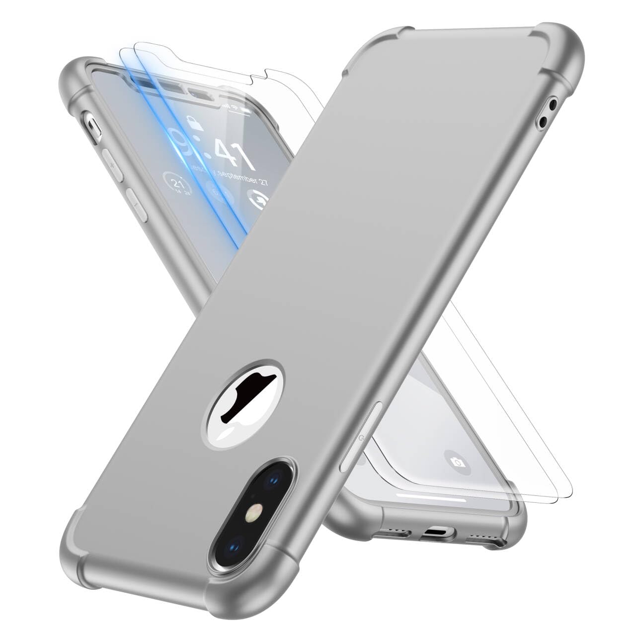 ORETECH for iPhone X Case/iPhone Xs Case, with [2 x Screen Protectors] [10 Ft Military Grade Drop Test] [Camera Protection] 360° Shockproof Slim Thin Phone Case iPhone X/Xs Cover 5.8" - Silver