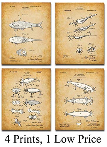 Original Fishing Lures Patent Art Prints - Set Of Four Photos (8X10) Unframed - Makes A Great Gift Under $20 For Fishermen