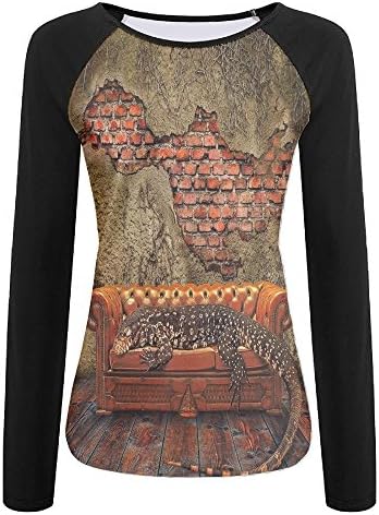 Weiding Decadence Grunge Ruin Brick Wall and A Giant Lizard on Sofa Surreal Art Women's Stretchy Long Sleeve Raglan Tshirt XL
