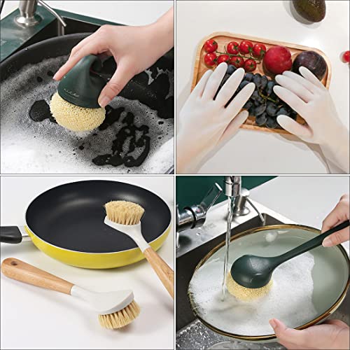 Kitchen Brush Set, Cleaning Brush for Pots and Dishes, Includes Brushes with Replace Brush Heads, Wooden Sisal Brush, Gloves, Pot Friendly Scrubber Set, Housework