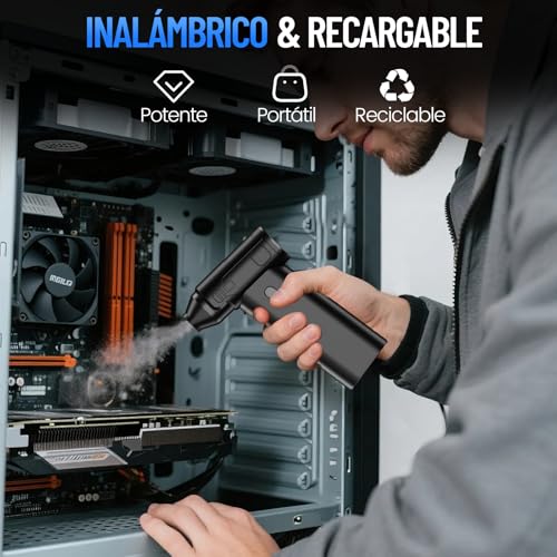 Plumero de Aire Eléctrico, 150000RPM Sopladora de Aire Inalámbrica con Batería Carga de 6000mAh, 100W Plumero Eléctrico con Regulación Continua de Velocidad para Teclados, Ordenadores, Casas y Coche