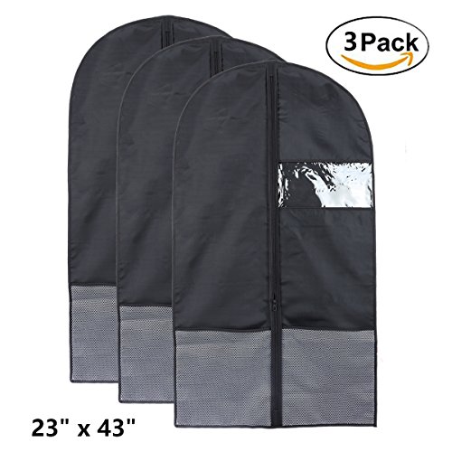 Kernorv 43" Breathable Dust-proof Garment Bags, Suit Bag with Clear Window, Garment Bags for Storage or Travel, Garment Bag Covers for Luggage, Suits, Coats, Jackets or Dresses, Set of 3 (Black)