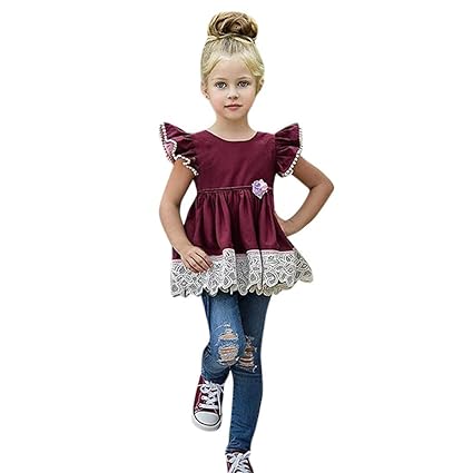 Mädchen Kinderbekleidung Sets Kleinkind Kinder Baby Mädchen Denim top Kleid Sets pitze t-Shirt Dress Tops + Denim Jean Hosen 