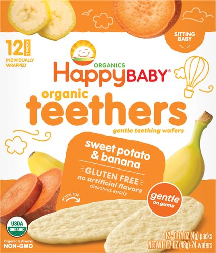 HAPPY BABY ORGANIC TEETHERS, BANANA AND SWEET POTATO, GENTLE TEETHING WAFERS, PACKETS, SOOTHING RICE COOKIES FOR TEETHING BABIES, 2 COUNT PER PACK, 12 COUNT PER BOX, 1.7 OUNCE